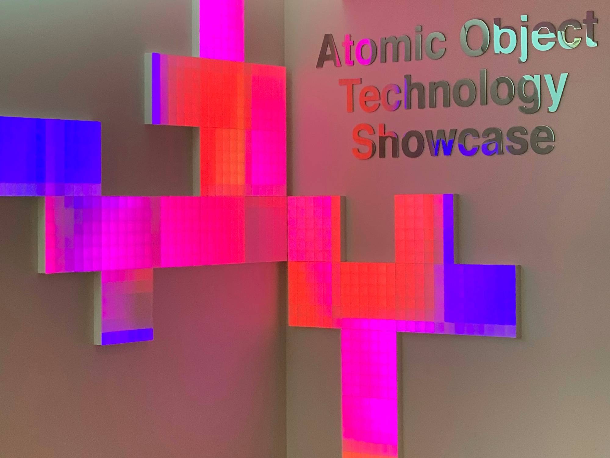 Atomic Object Technology Showcase sign with LED Tiles